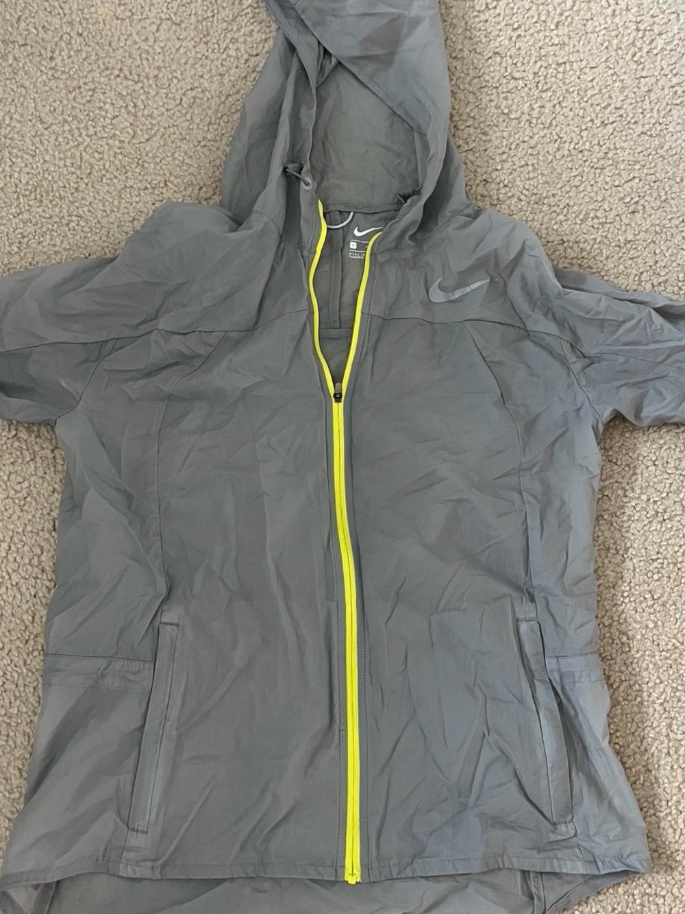 Nike Gray Hooded Windbreaker with Yellow Zip Trim